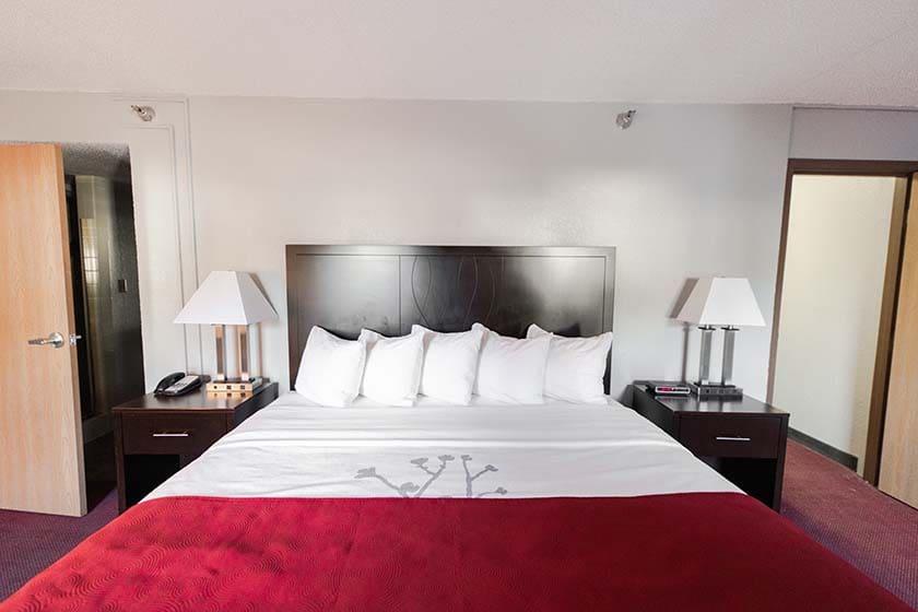 close up view of the queen bed in the handicap accessible hotel room